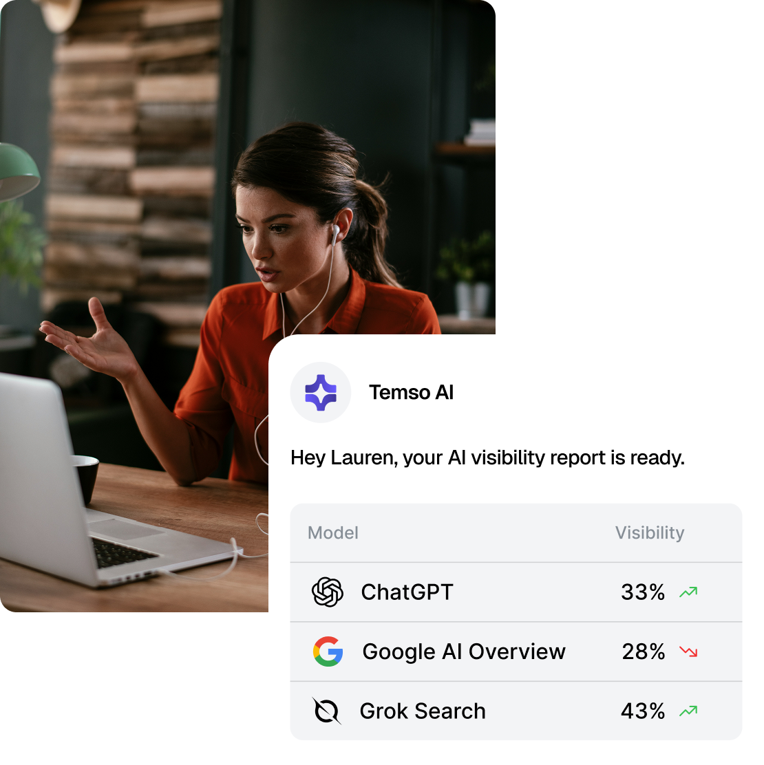 Marketer working on a tablet next to a Temso AI message: your client proposal is ready to send, with visibility across ChatGPT, Google AI Overview, and Grok Search